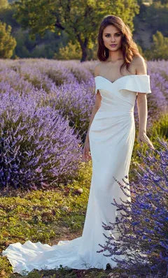 Flawless Satin Mermaid Off Shoulder Ruched Train Wedding Dress