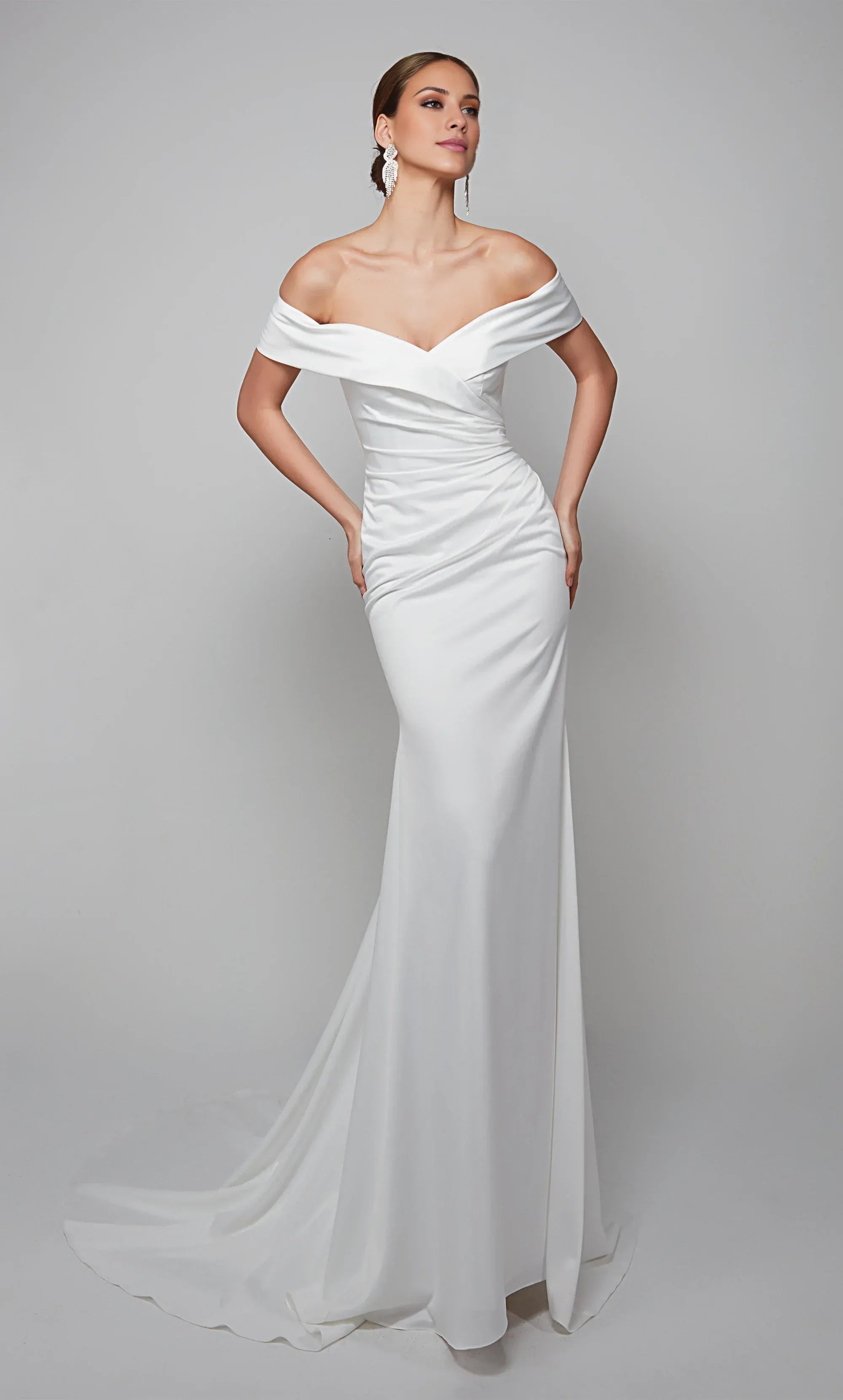 Flawless Satin Mermaid Off Shoulder Ruched Train Wedding Dress