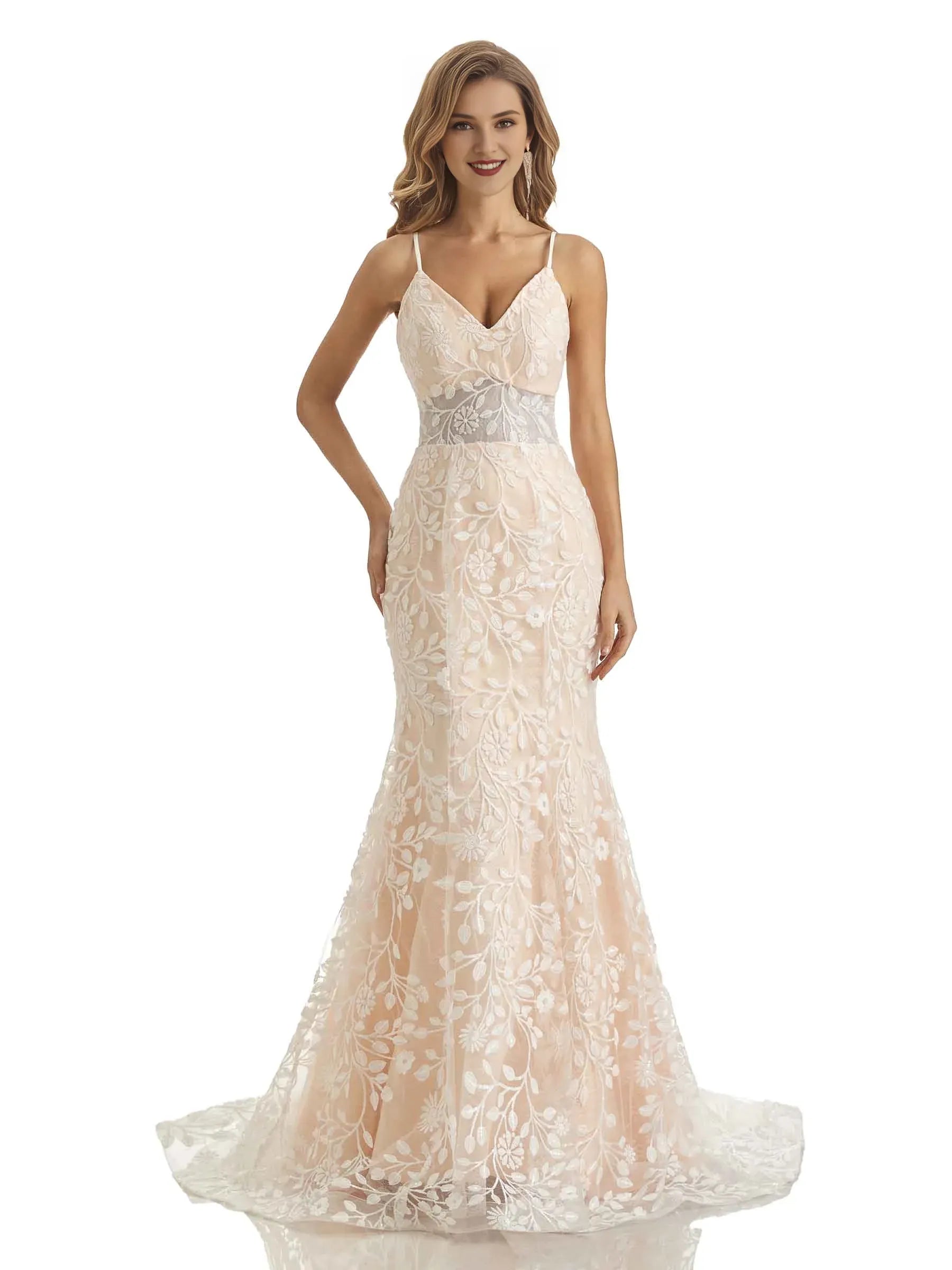 Fresh Mermaid V-Neck Spaghetti-Strap Floor-Length Wedding Dress