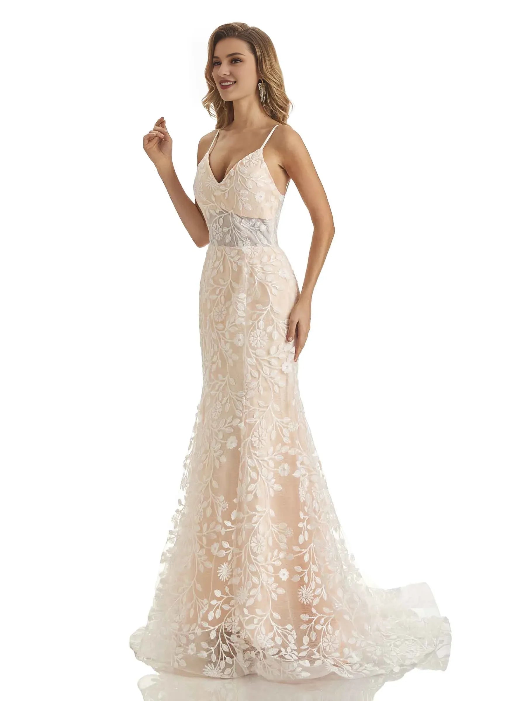Fresh Mermaid V-Neck Spaghetti-Strap Floor-Length Wedding Dress