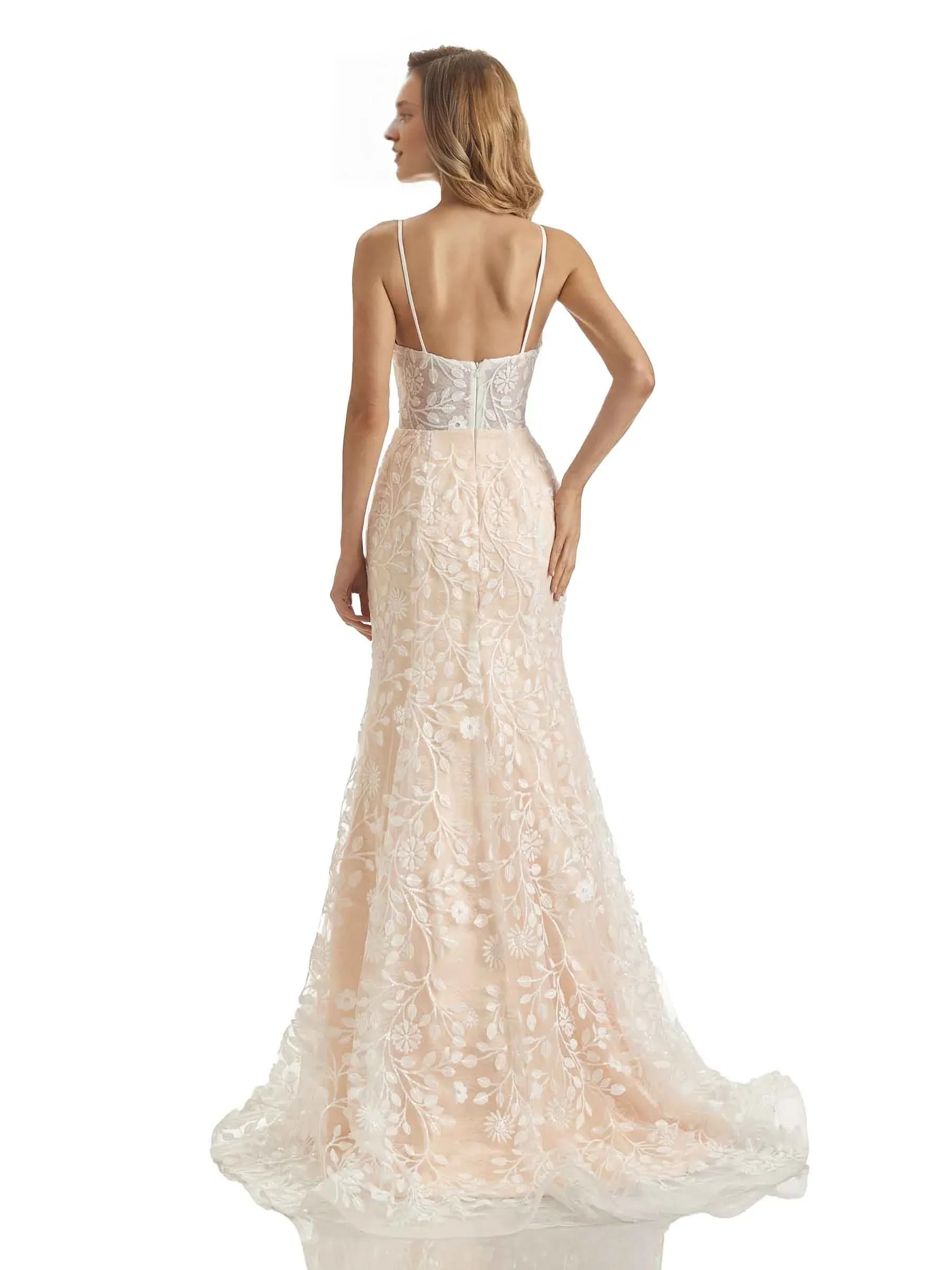 Fresh Mermaid V-Neck Spaghetti-Strap Floor-Length Wedding Dress