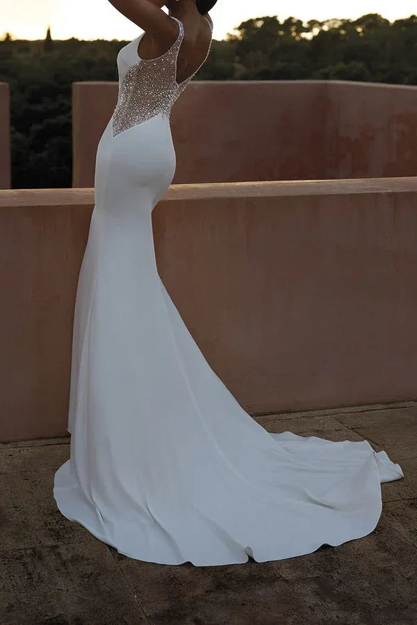 Glamorous Boat-Neck Cape-Sleeve Mermaid Floor-Length Wedding Dress