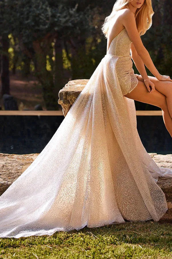 Glamorous Halter Plunging V-Neck High-Low Floor-Length Wedding Dress