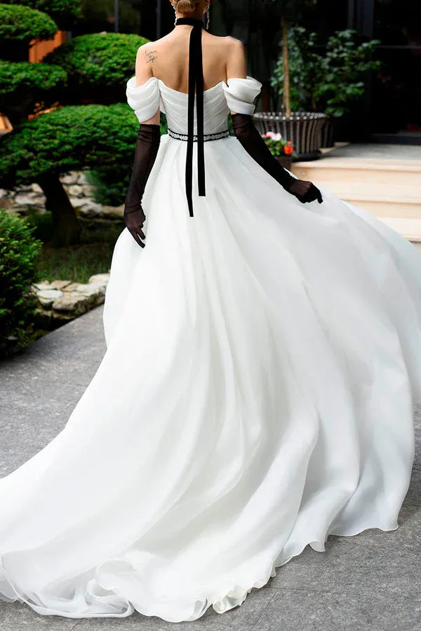 Glamorous Off-Shoulder Choker-Neck A-Line Floor-Length Wedding Dress