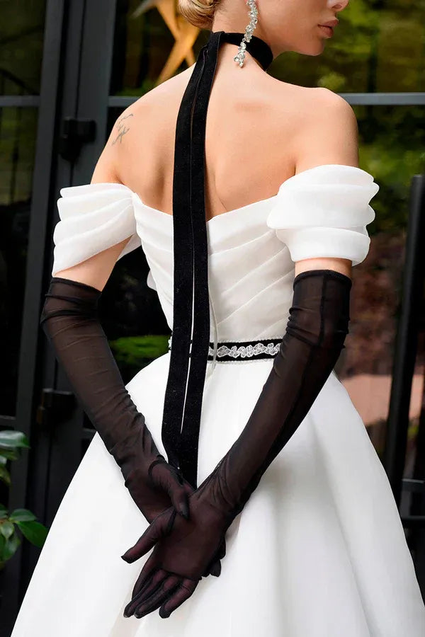 Glamorous Off-Shoulder Choker-Neck A-Line Floor-Length Wedding Dress