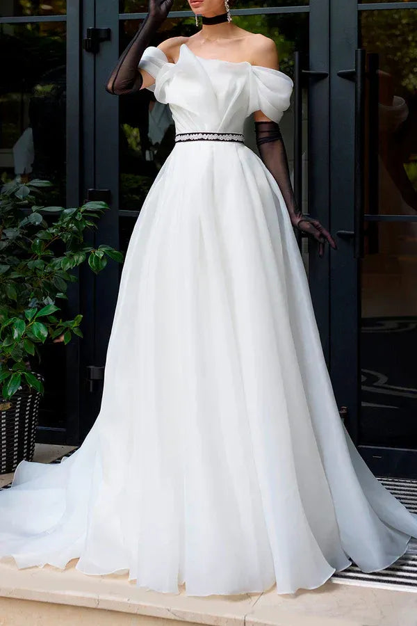Glamorous Off-Shoulder Choker-Neck A-Line Floor-Length Wedding Dress
