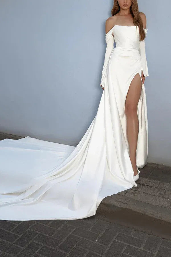 Glamorous Off-the-Shoulder High-Slit A-Line Floor-Length Wedding Dress