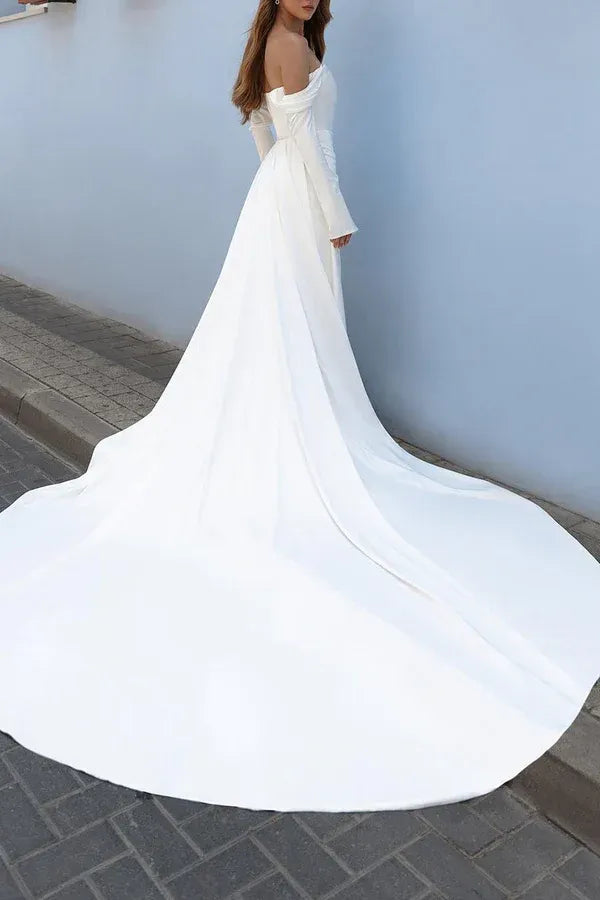 Glamorous Off-the-Shoulder High-Slit A-Line Floor-Length Wedding Dress