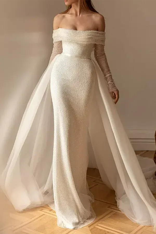 Glamorous Off-the-Shoulder Long-Sleeve Mermaid Floor-Length Wedding Dress