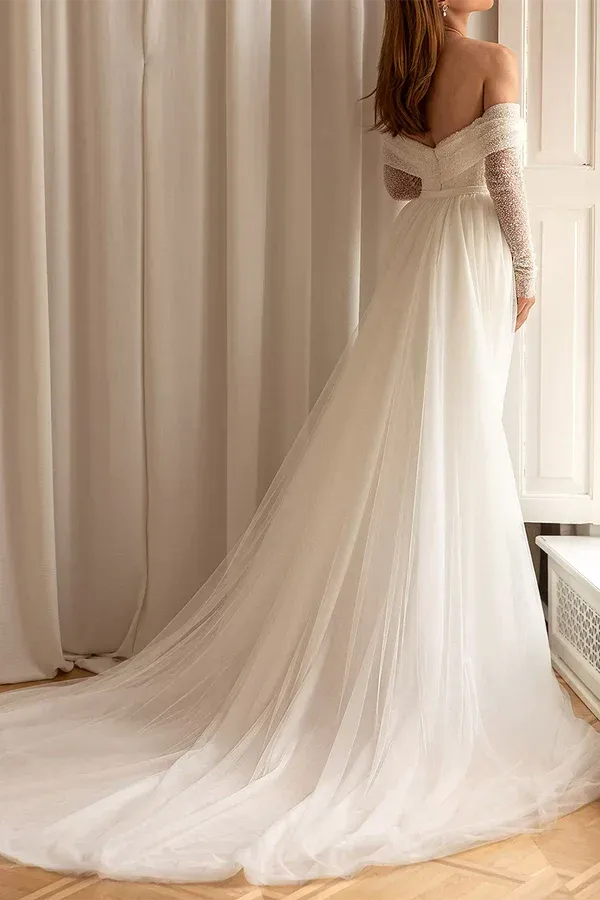 Glamorous Off-the-Shoulder Long-Sleeve Mermaid Floor-Length Wedding Dress