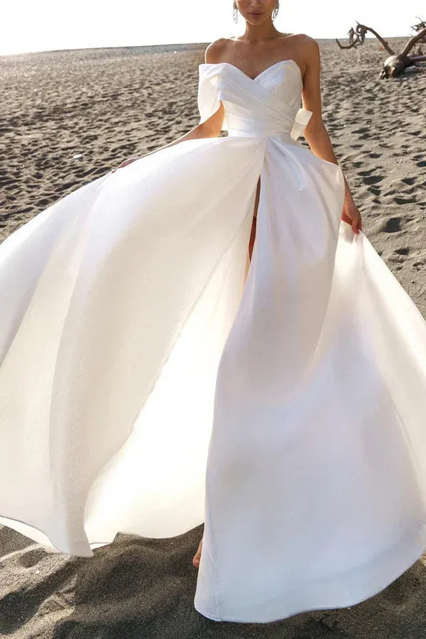 Glamorous Off-the-Shoulder Sleeveless A-Line Floor-Length Wedding Dress