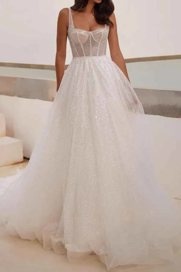 Glamorous Sparkly Square-Neck Corset A-Line Floor-Length Wedding Dress
