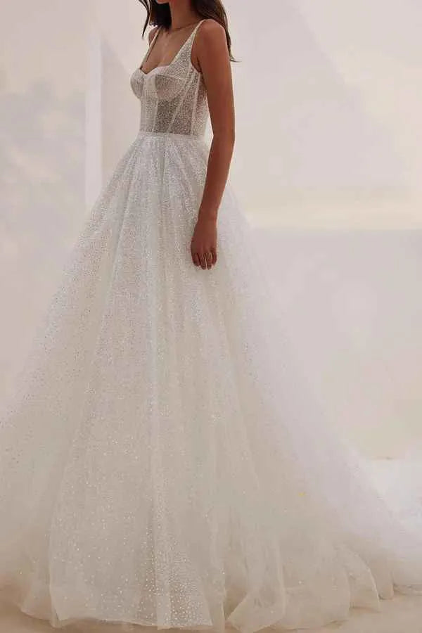 Glamorous Sparkly Square-Neck Corset A-Line Floor-Length Wedding Dress
