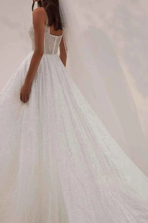 Glamorous Sparkly Square-Neck Corset A-Line Floor-Length Wedding Dress