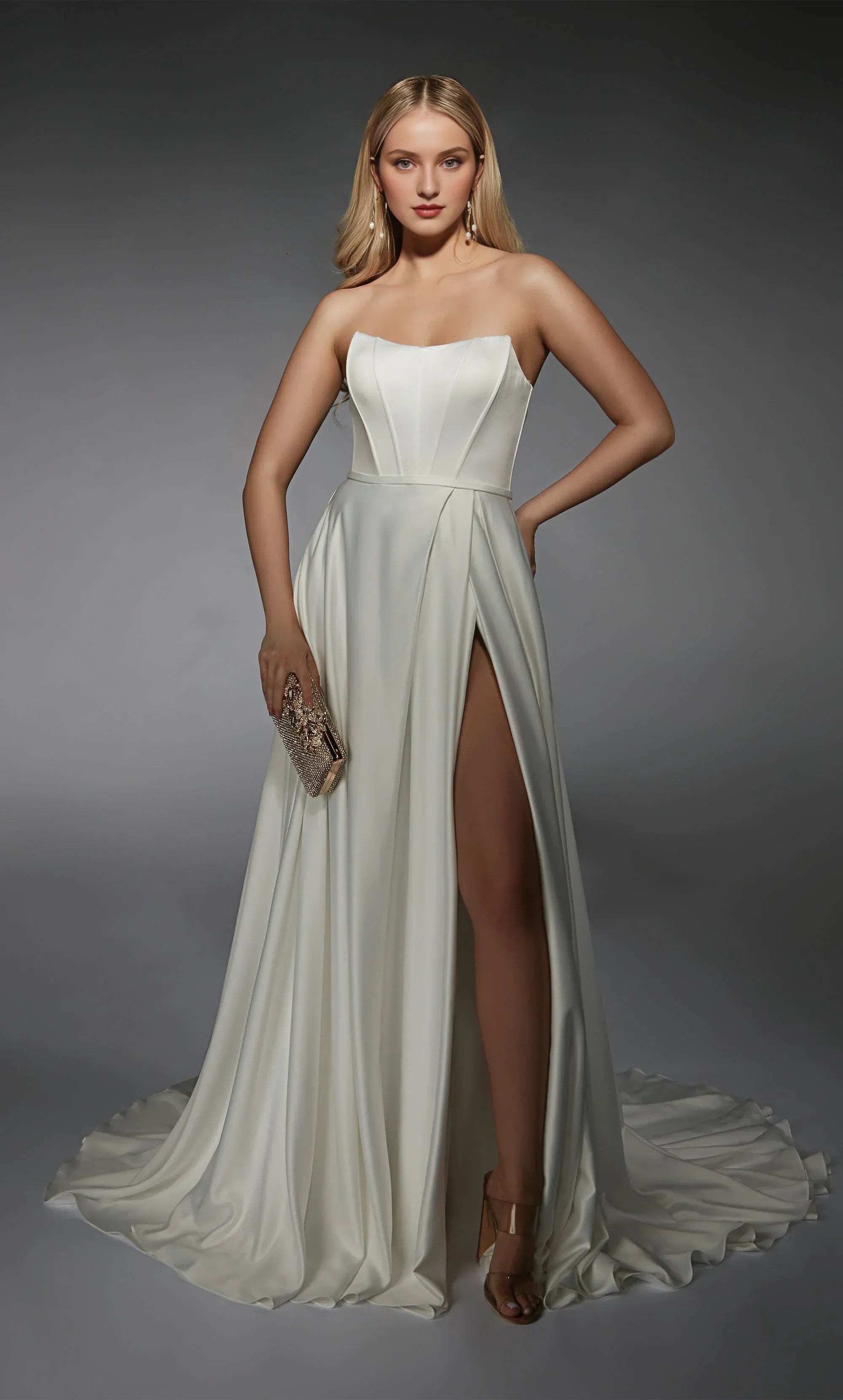 Glamorous Strapless Corset Satin Wedding Dress with High Slit