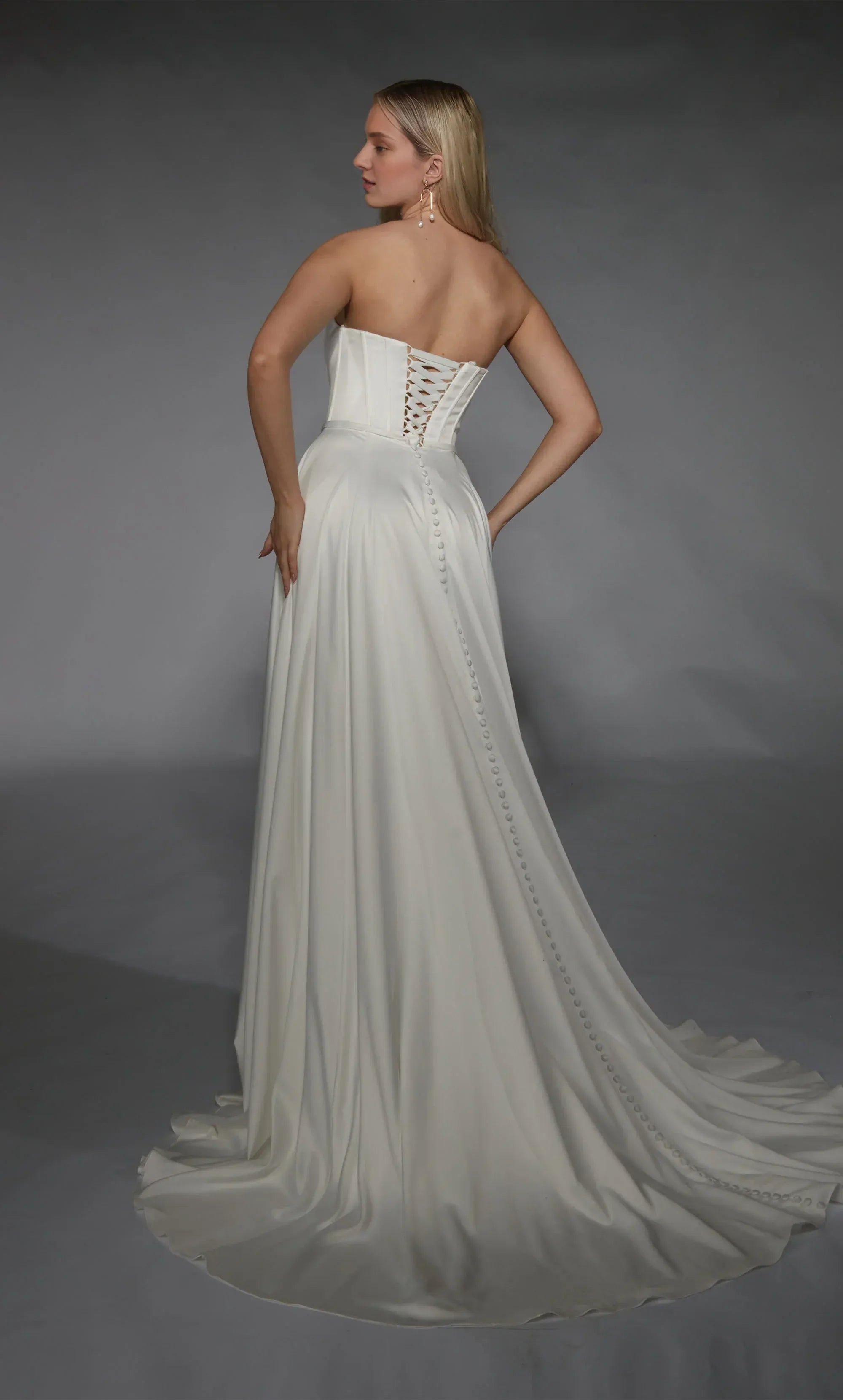 Glamorous Strapless Corset Satin Wedding Dress with High Slit