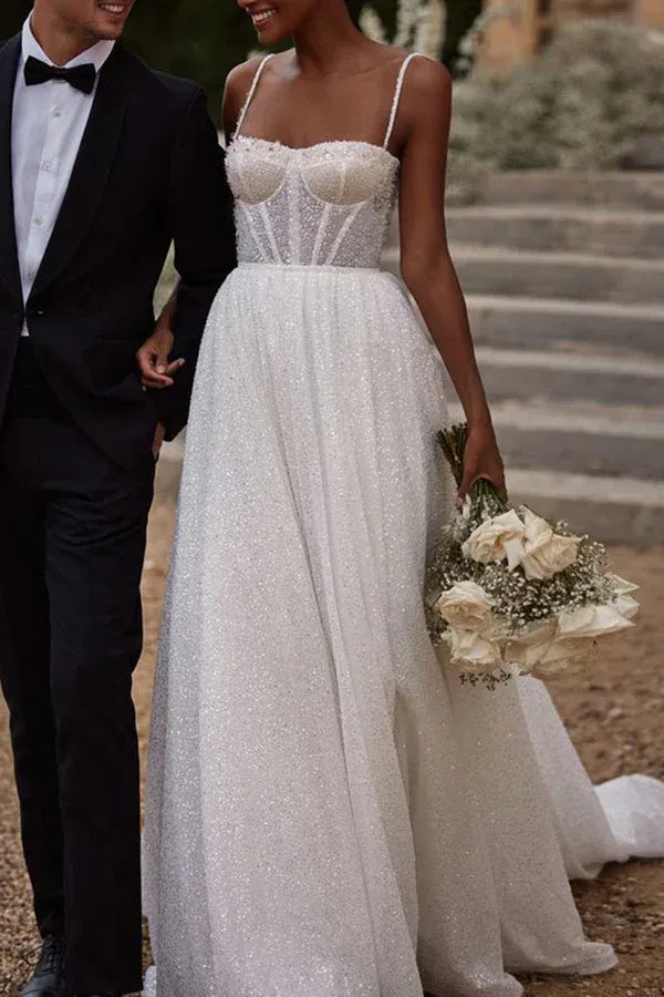 Glamorous Sweetheart Spaghetti-Strap A-Line Floor-Length Wedding Dress