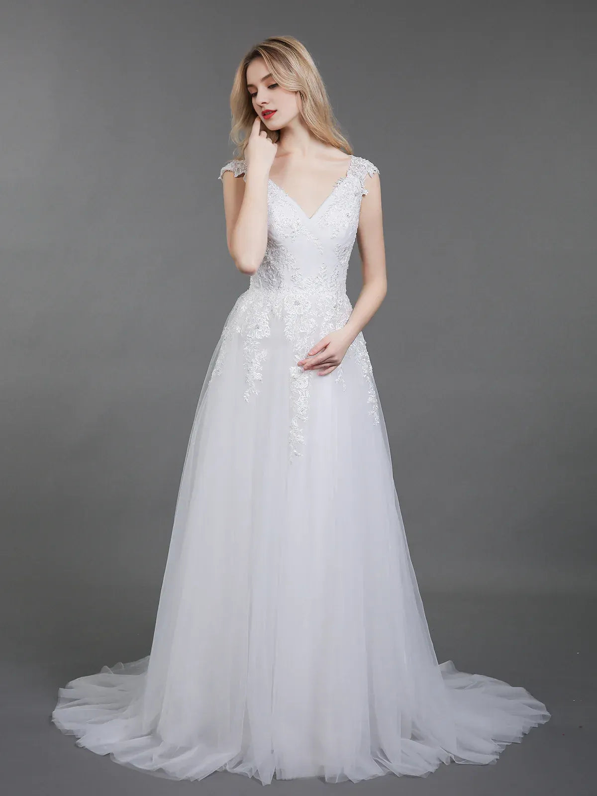 Graceful A-Line V-Neck Cap-Sleeve Floor-Length Wedding Dress