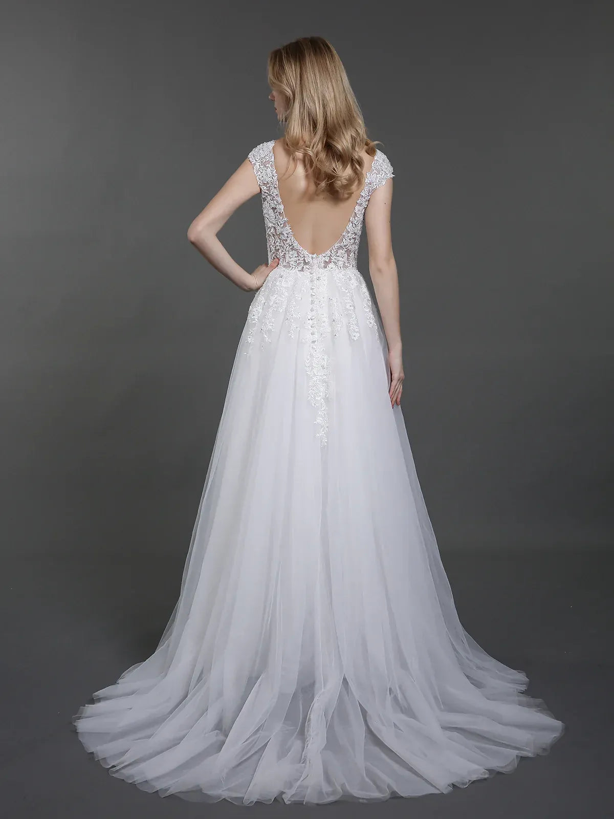 Graceful A-Line V-Neck Cap-Sleeve Floor-Length Wedding Dress