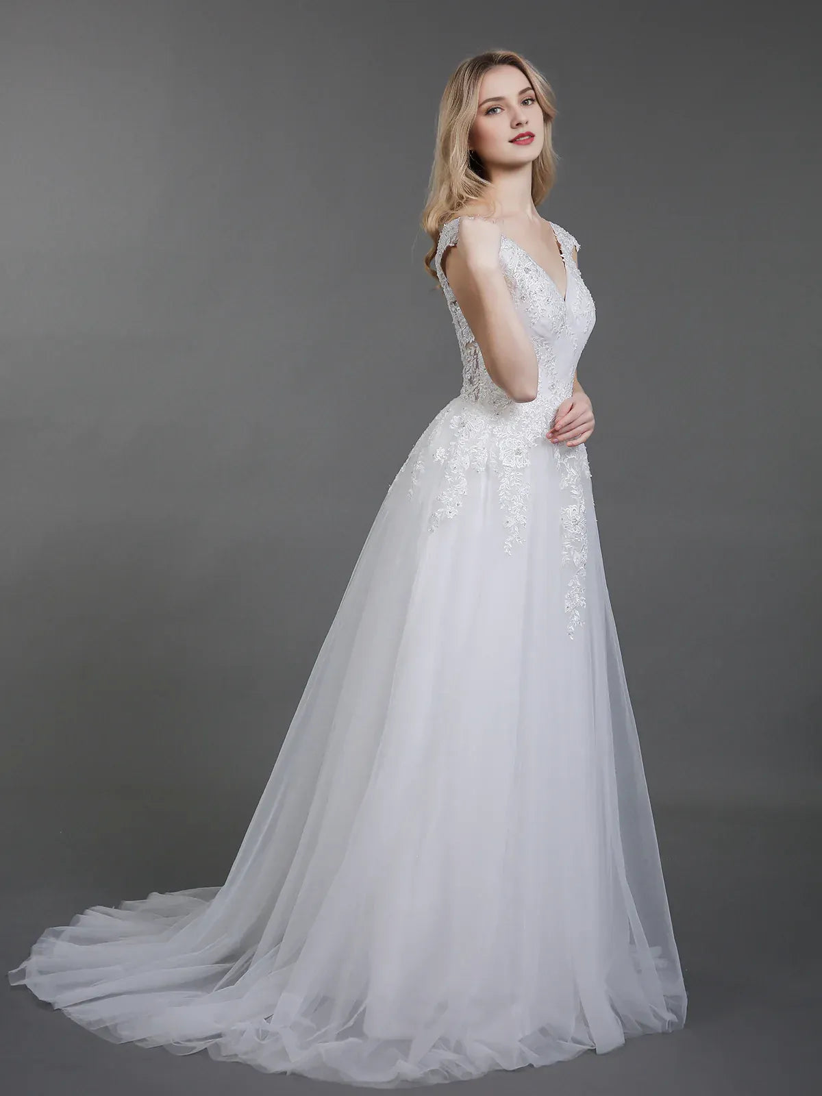 Graceful A-Line V-Neck Cap-Sleeve Floor-Length Wedding Dress