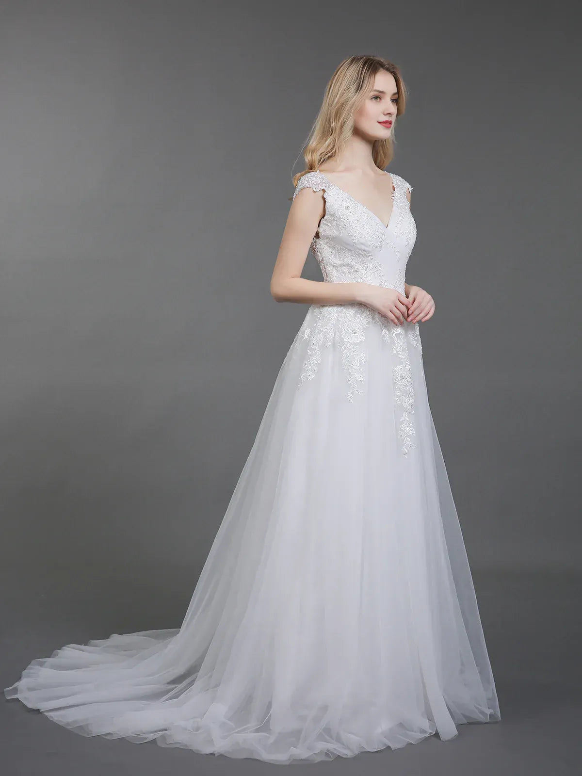 Graceful A-Line V-Neck Cap-Sleeve Floor-Length Wedding Dress