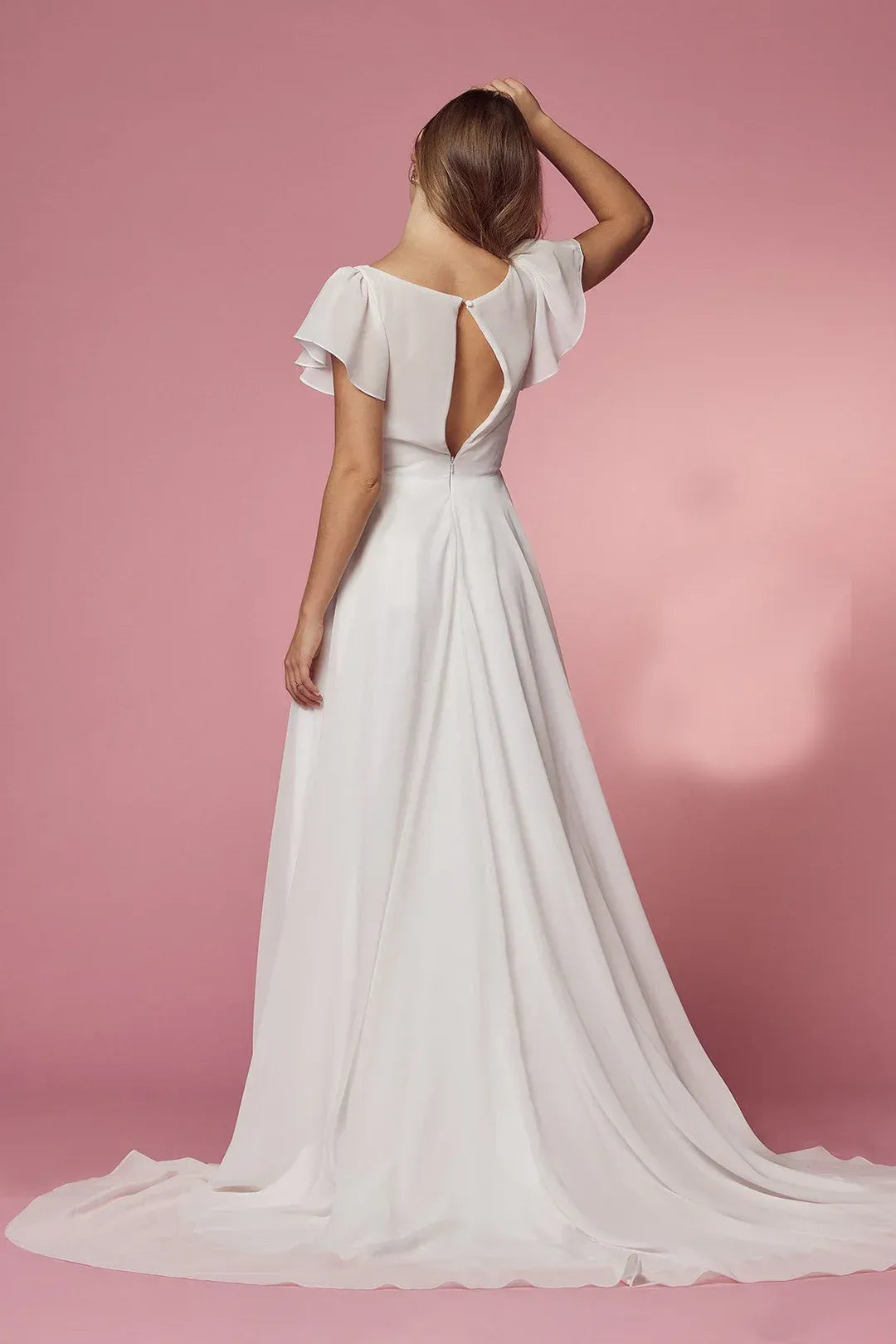 Graceful A-Line V-Neck Flutter-Sleeve Floor-Length Wedding Dress