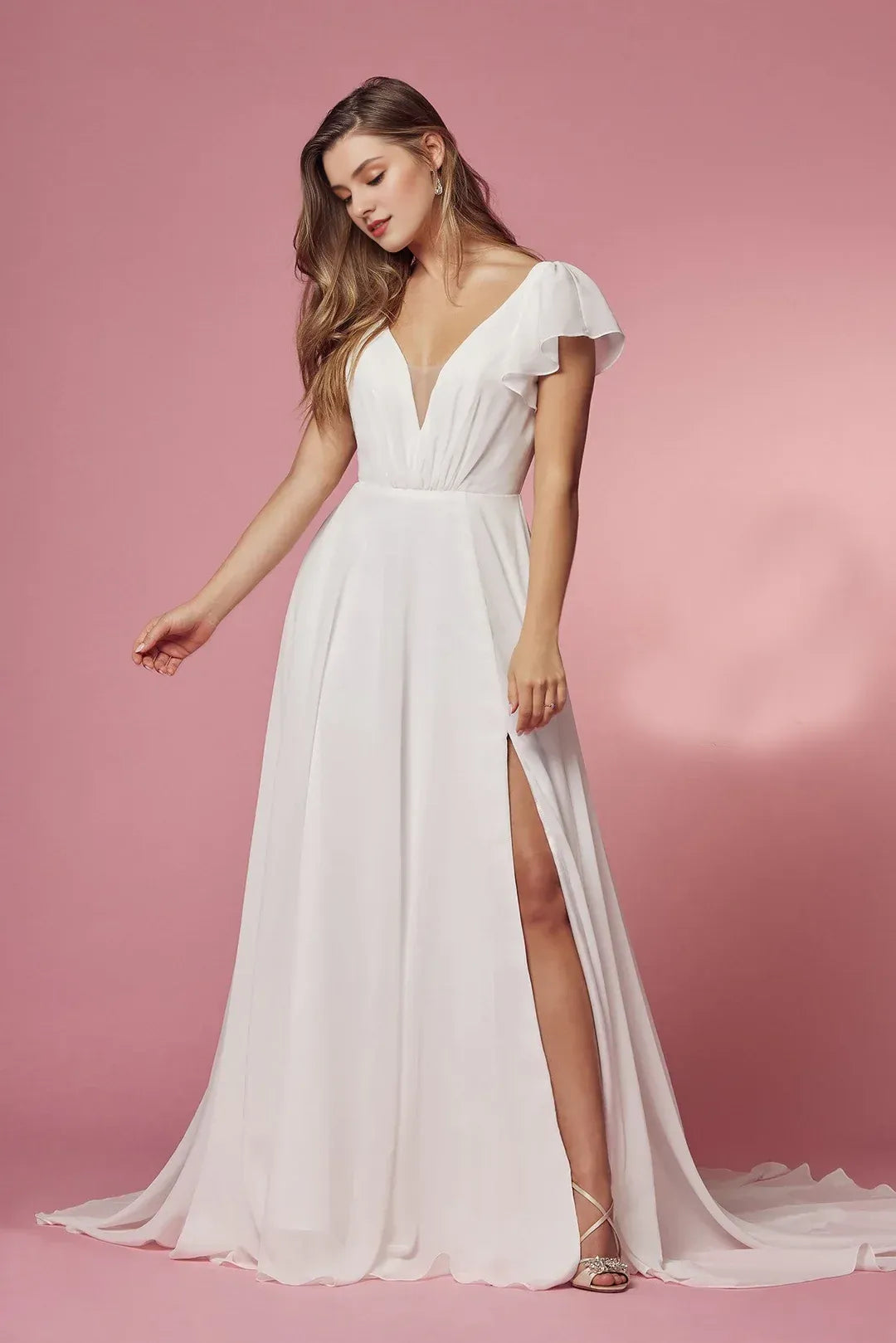 Graceful A-Line V-Neck Flutter-Sleeve Floor-Length Wedding Dress