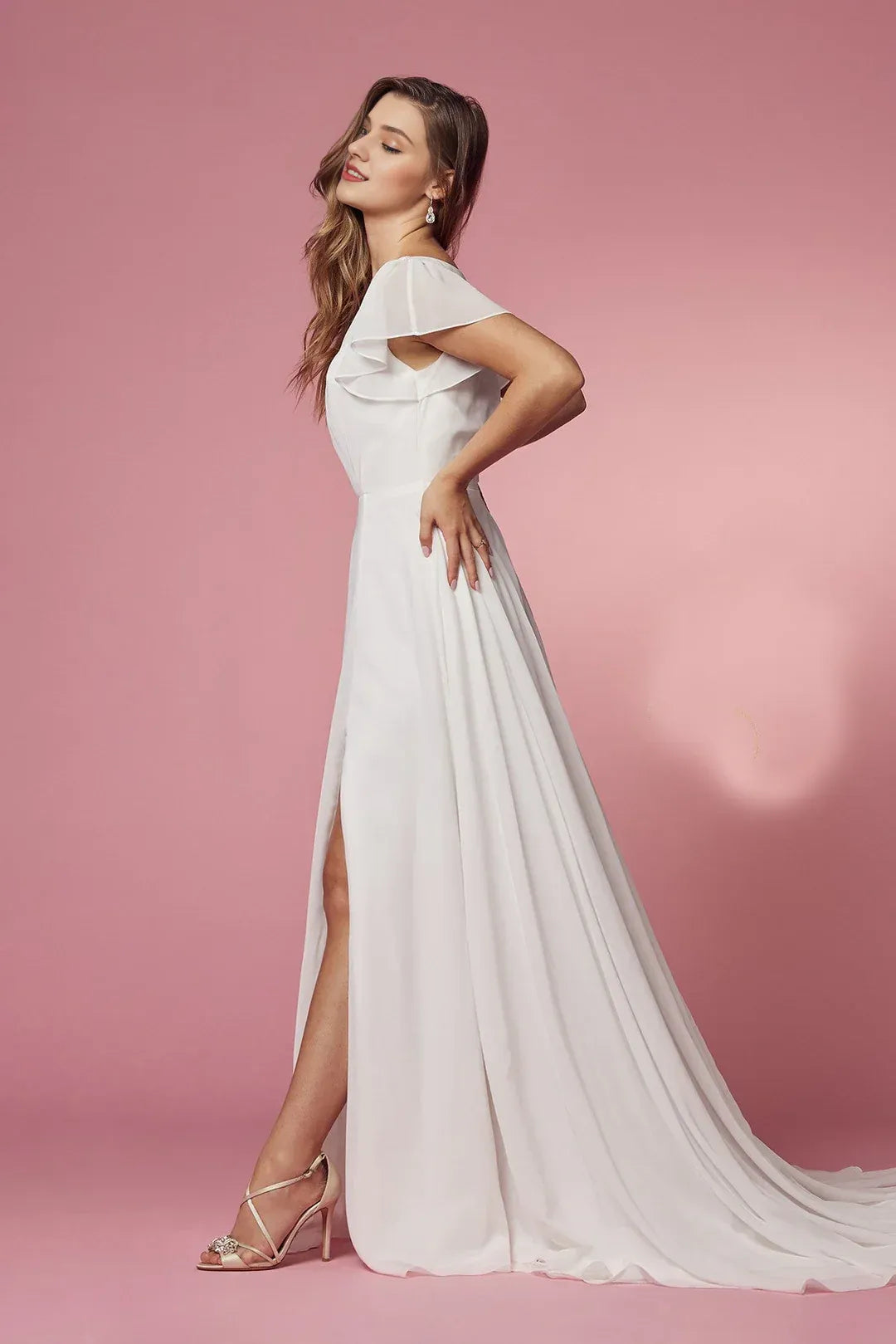 Graceful A-Line V-Neck Flutter-Sleeve Floor-Length Wedding Dress
