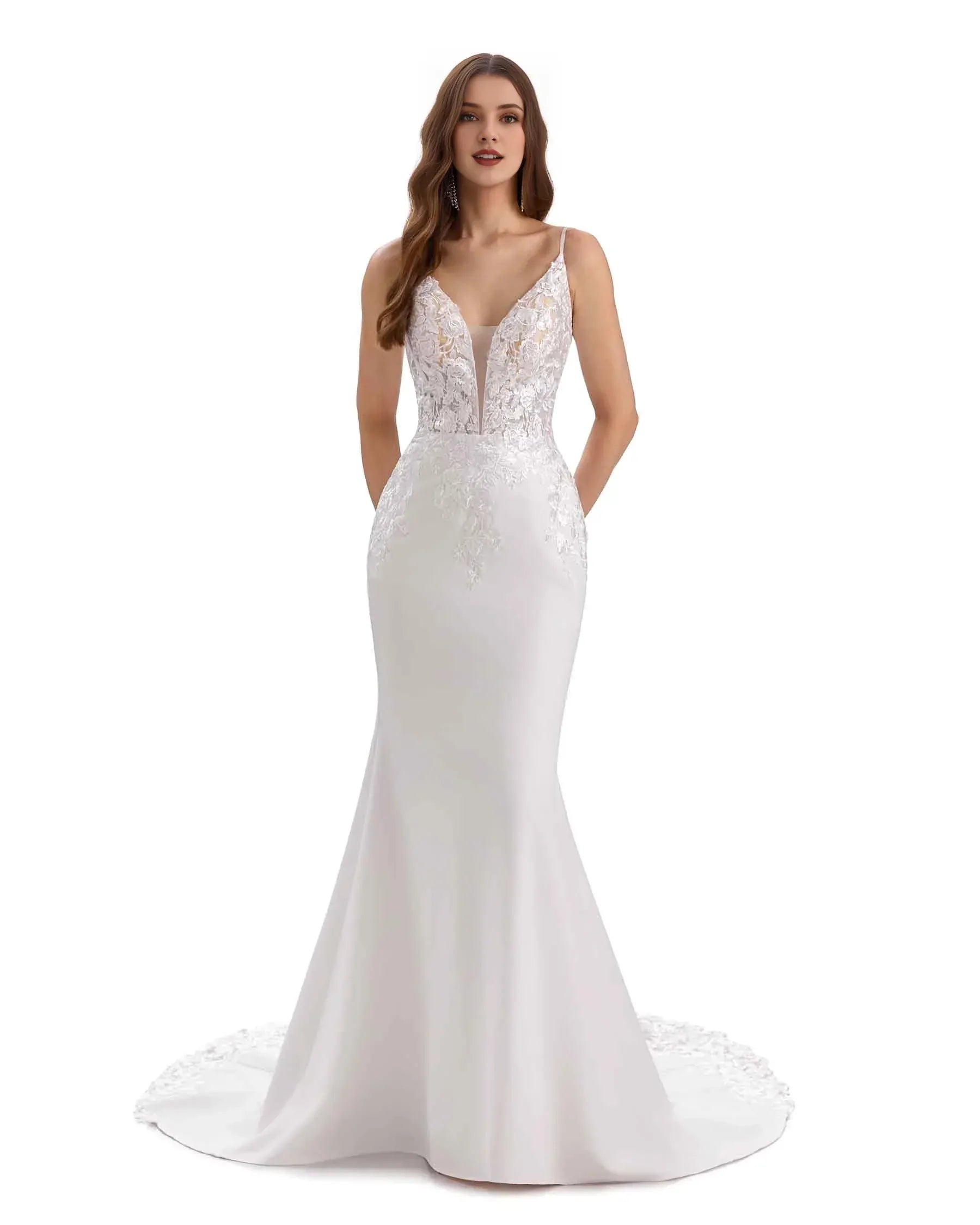Graceful Mermaid V-Neck Spaghetti-Strap Floor-Length Wedding Dress