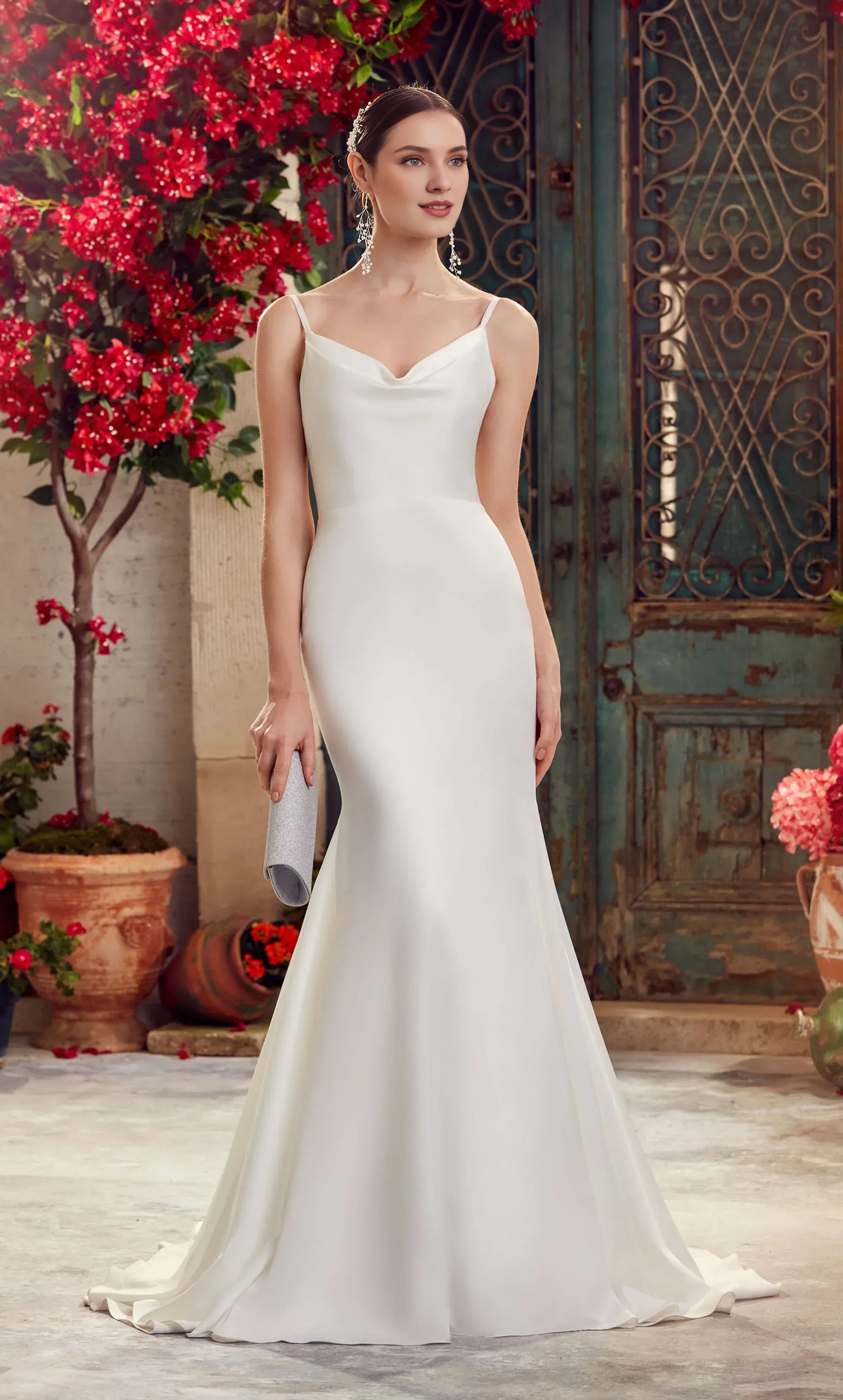 Graceful Satin Mermaid Cowl Neck Spaghetti Strap Low Back Train Wedding Dress