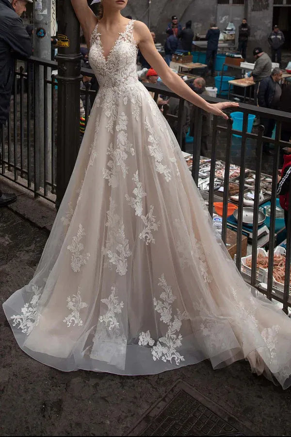 Enchanting V-Neck Sleeveless A-Line Floor-Length Wedding Dress