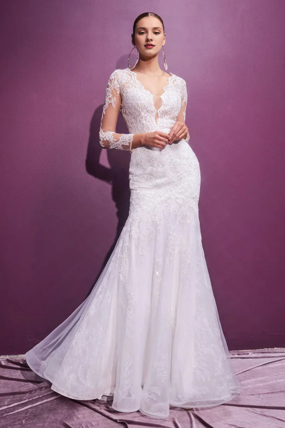 Timeless Mermaid Plunge-Neck Long-Sleeve Floor-Length Wedding Dress