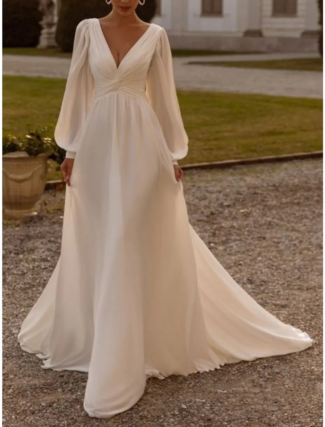 Ethereal A‑Line Deep‑V Puffed‑Long‑Sleeve Twisted‑Waist Bow‑Back Chiffon Floor‑Length Wedding Dresses For Lakeside Garden Wedding