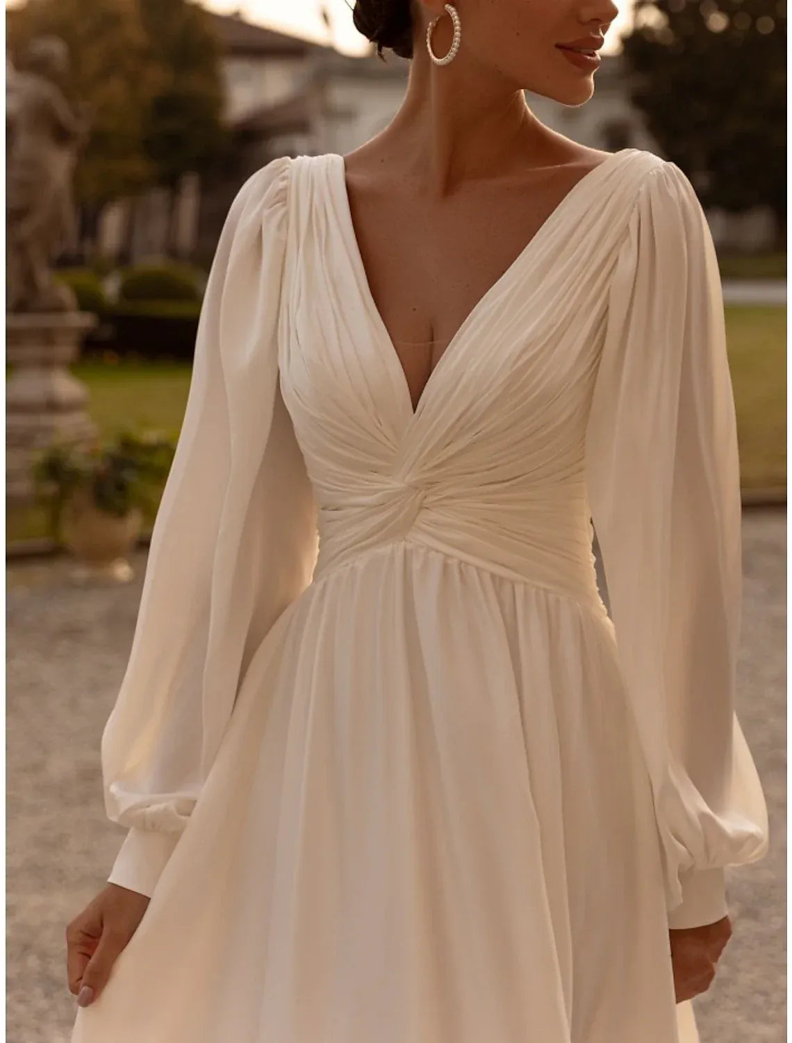 Ethereal A‑Line Deep‑V Puffed‑Long‑Sleeve Twisted‑Waist Bow‑Back Chiffon Floor‑Length Wedding Dresses For Lakeside Garden Wedding