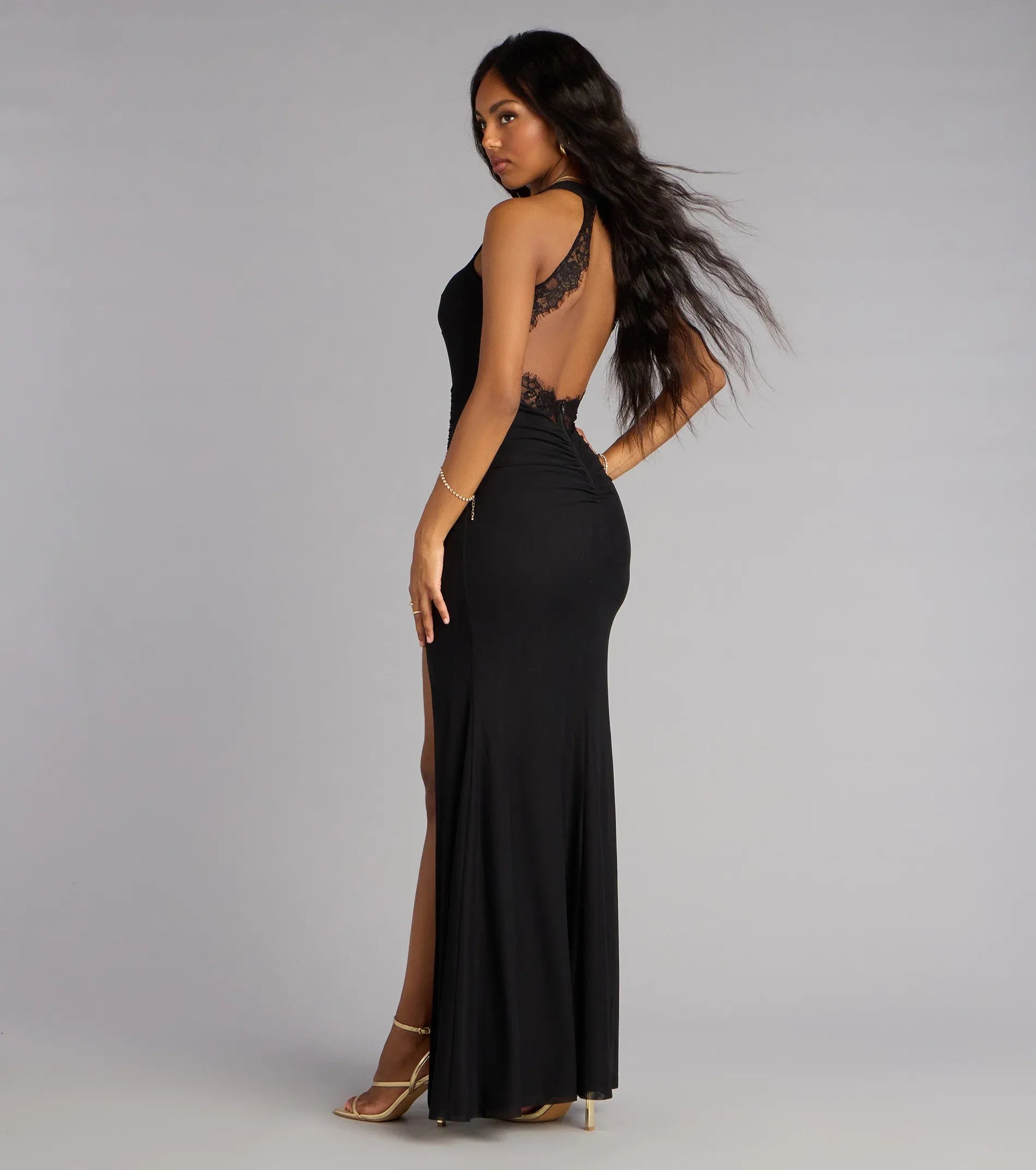 Sleek Black Mermaid Halter Lace Open Back High Slit Floor Length Wedding Guest Dresses