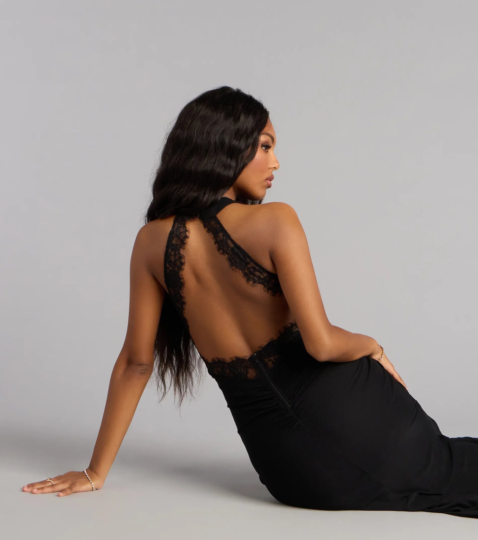 Sleek Black Mermaid Halter Lace Open Back High Slit Floor Length Wedding Guest Dresses