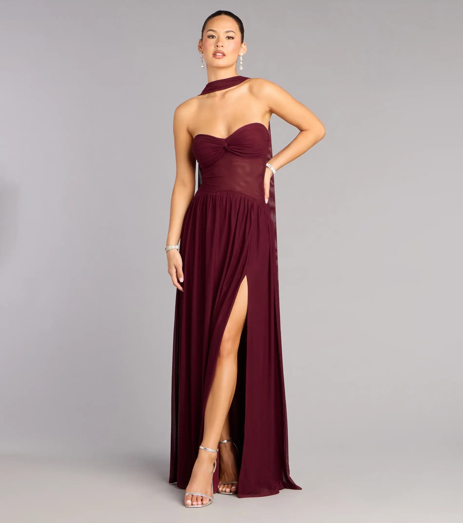 Burgundy Twist Strapless Halter Sash High Slit Mesh Long Formal Dress