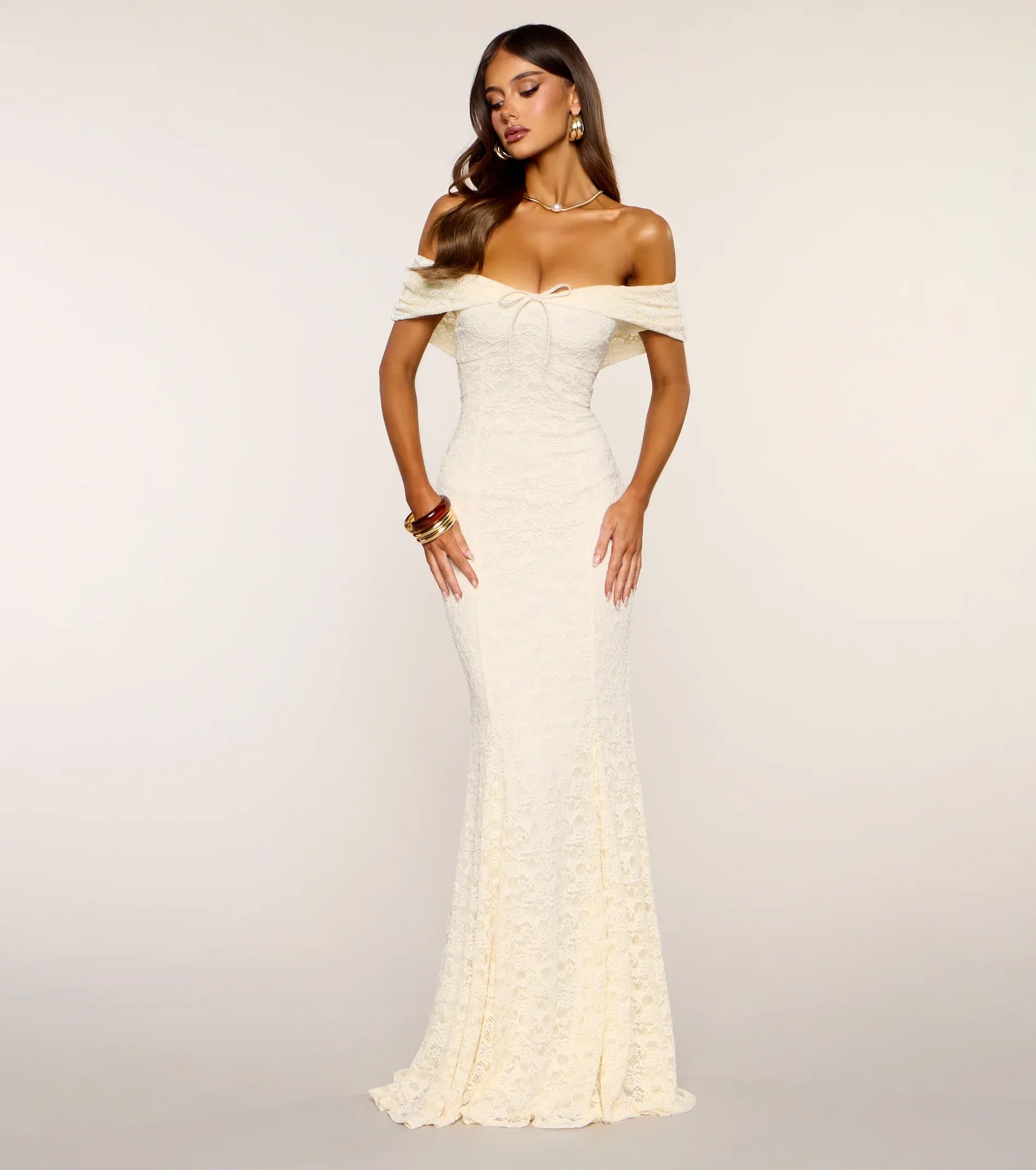 Cream Lace Off Shoulder Front Tie Open Back Mermaid Wedding Guest Maxi Dress