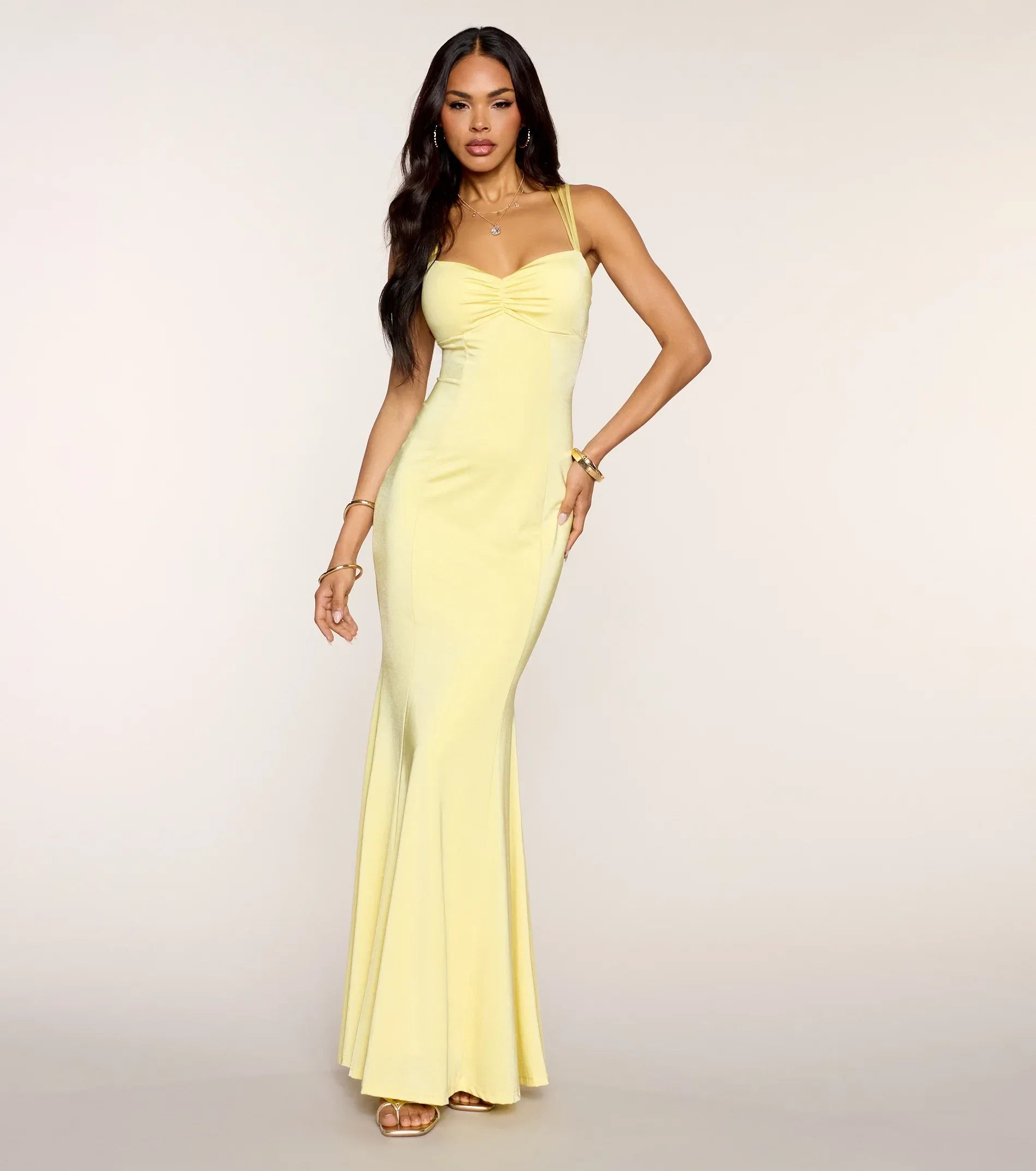 Vibrant Yellow Mermaid Sweetheart Multi Strap Crisscross Back Floor Length Wedding Guest Dresses