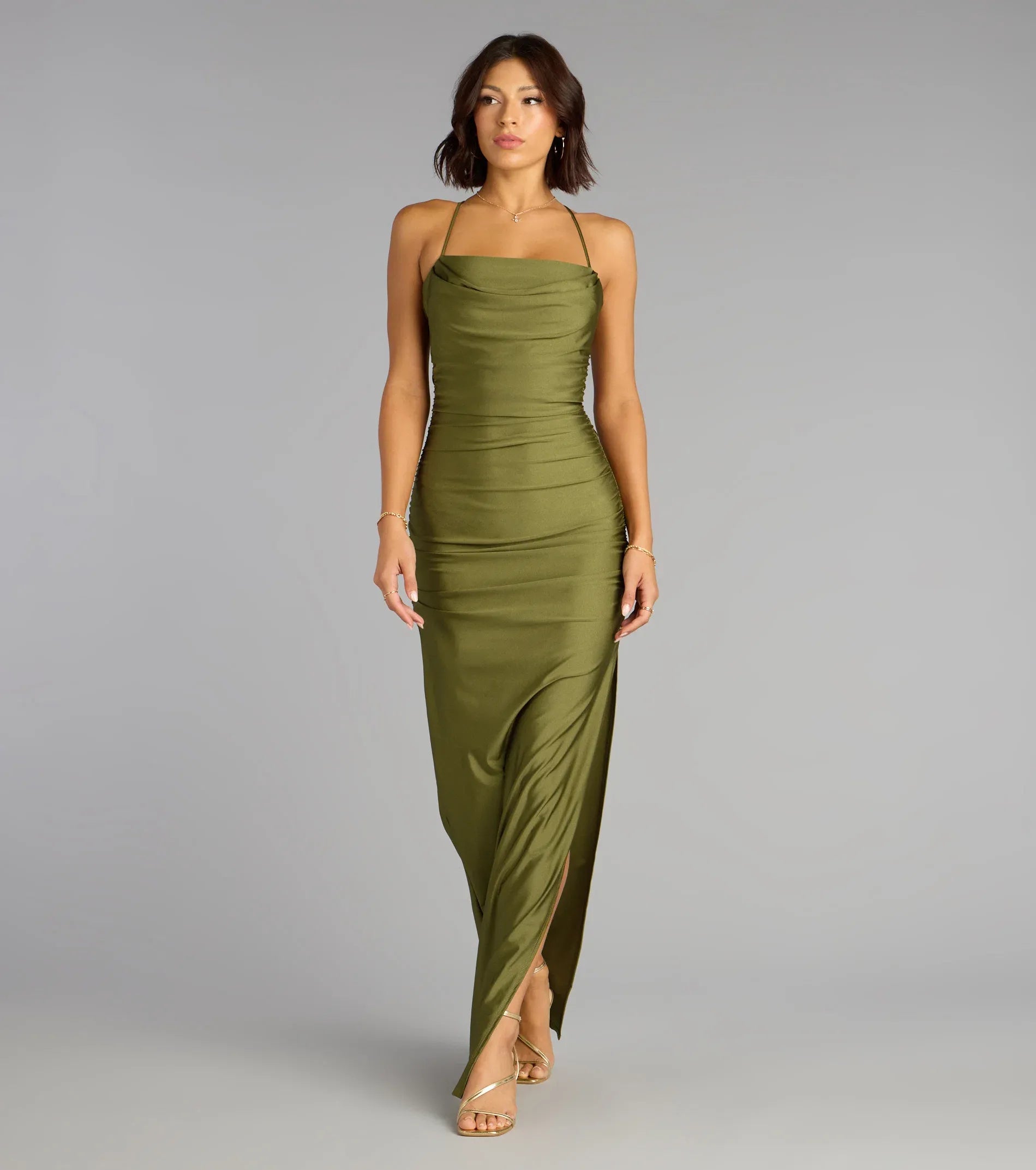 Elegant Olive Sheath Cowl Spaghetti‑Strap Crisscross‑Back Slit Maxi Wedding Guest Dresses
