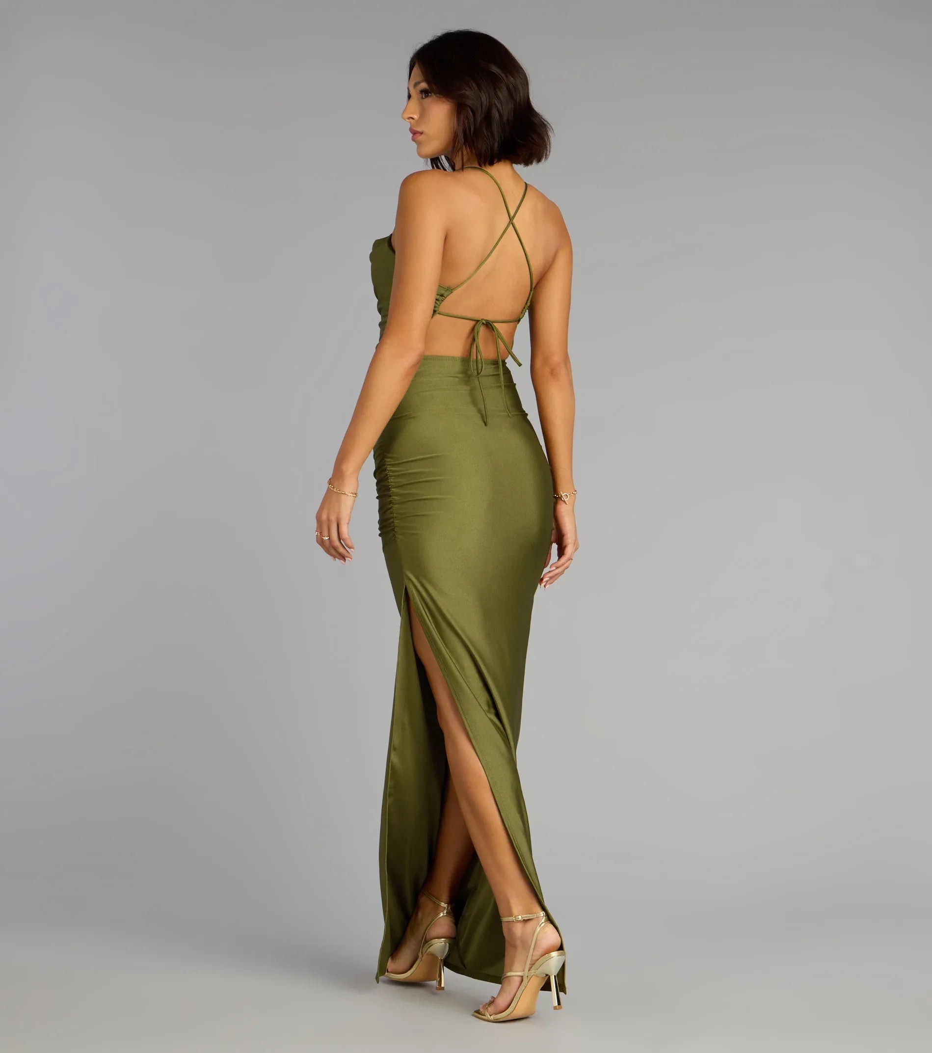 Elegant Olive Sheath Cowl Spaghetti‑Strap Crisscross‑Back Slit Maxi Wedding Guest Dresses