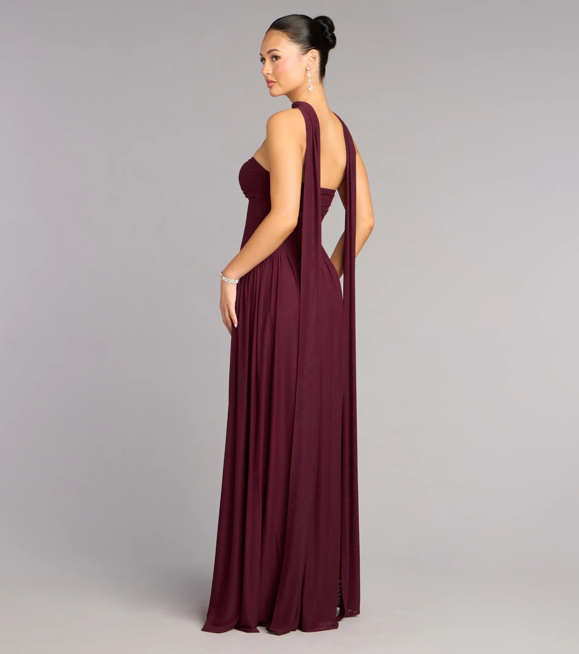 Burgundy Twist Strapless Halter Sash High Slit Mesh Long Formal Dress