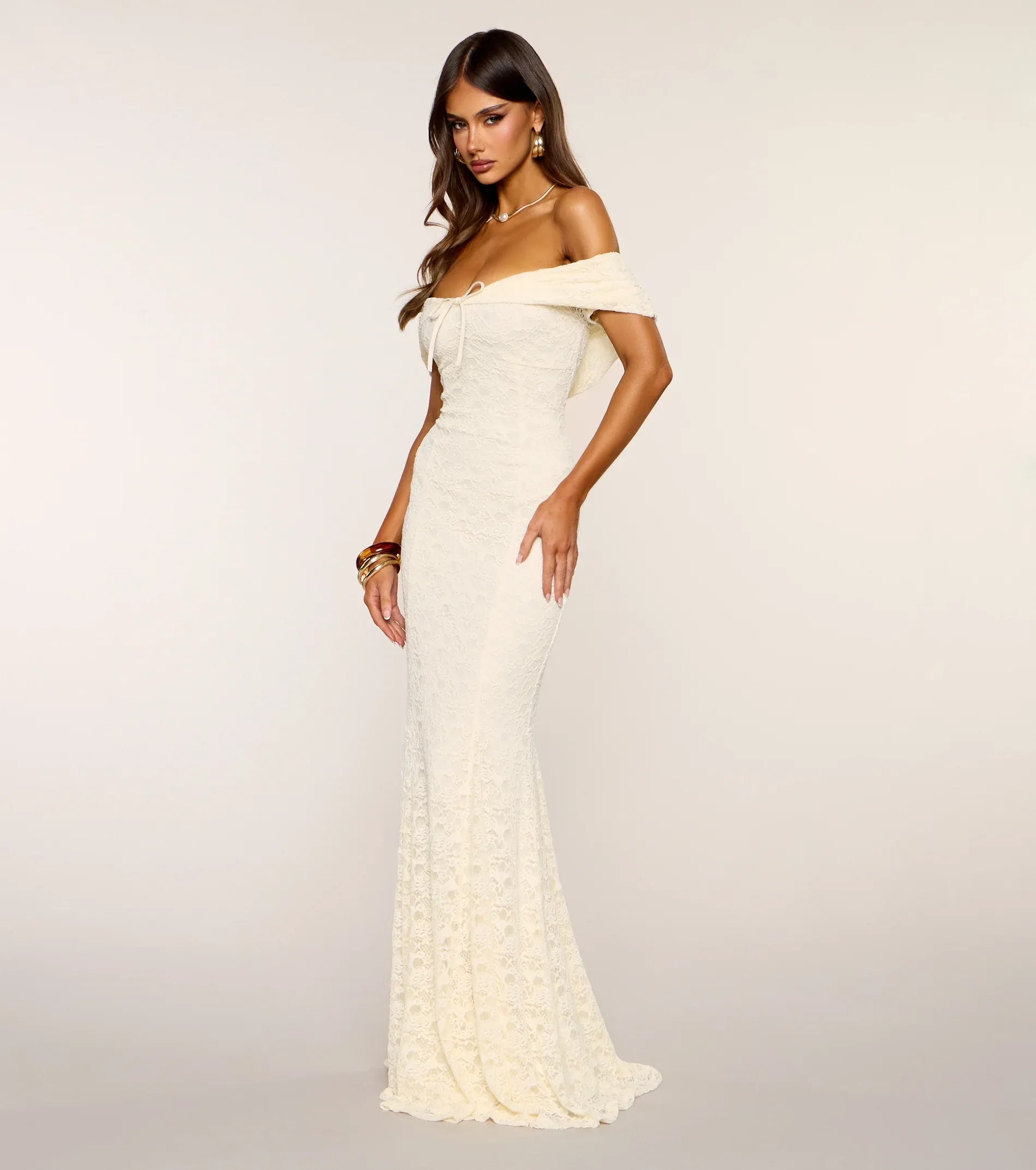 Cream Lace Off Shoulder Front Tie Open Back Mermaid Wedding Guest Maxi Dress
