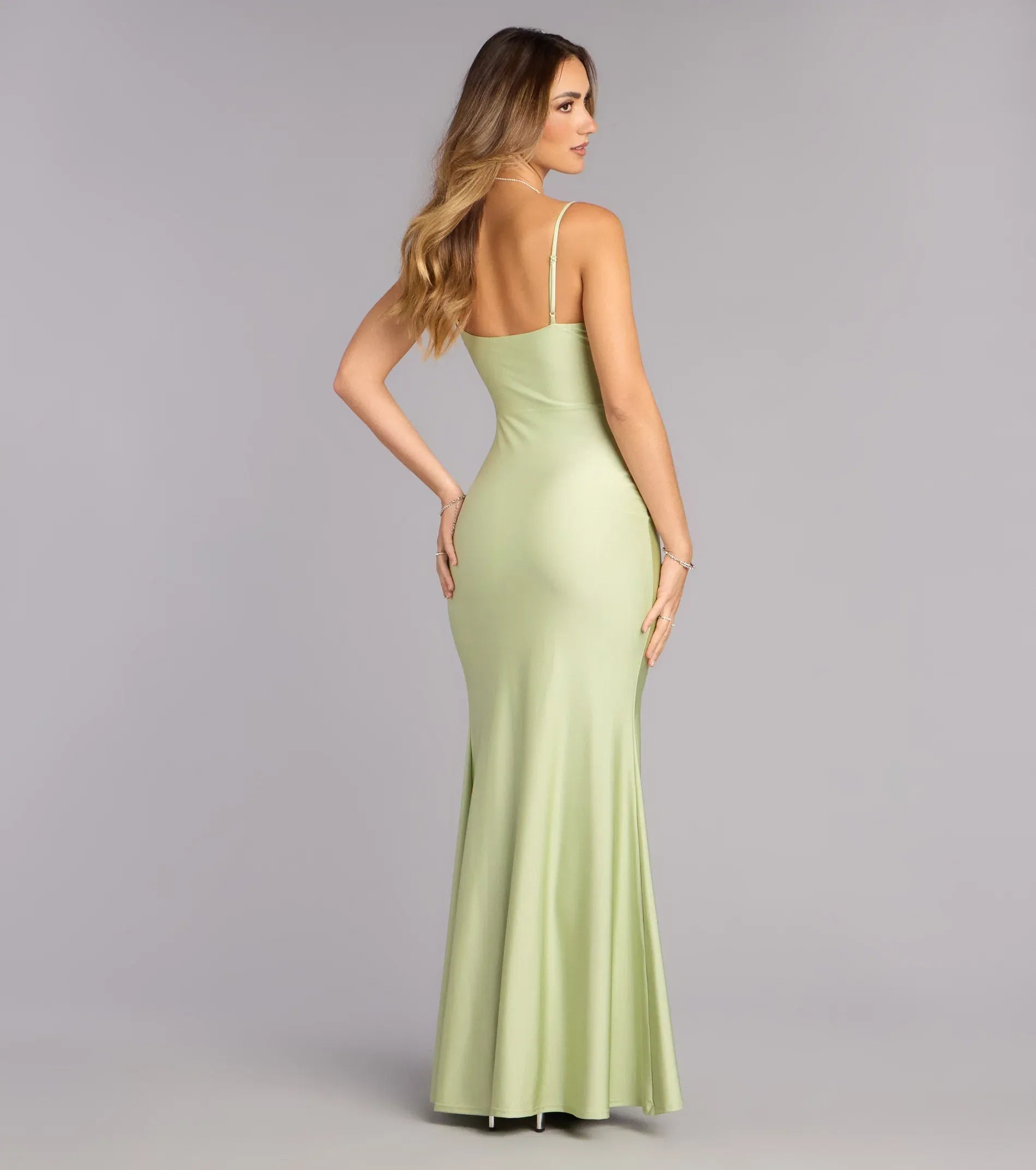 Elegant Sage Mermaid V Neck Spaghetti Strap Open Back High Slit Floor Length Wedding Guest Dresses