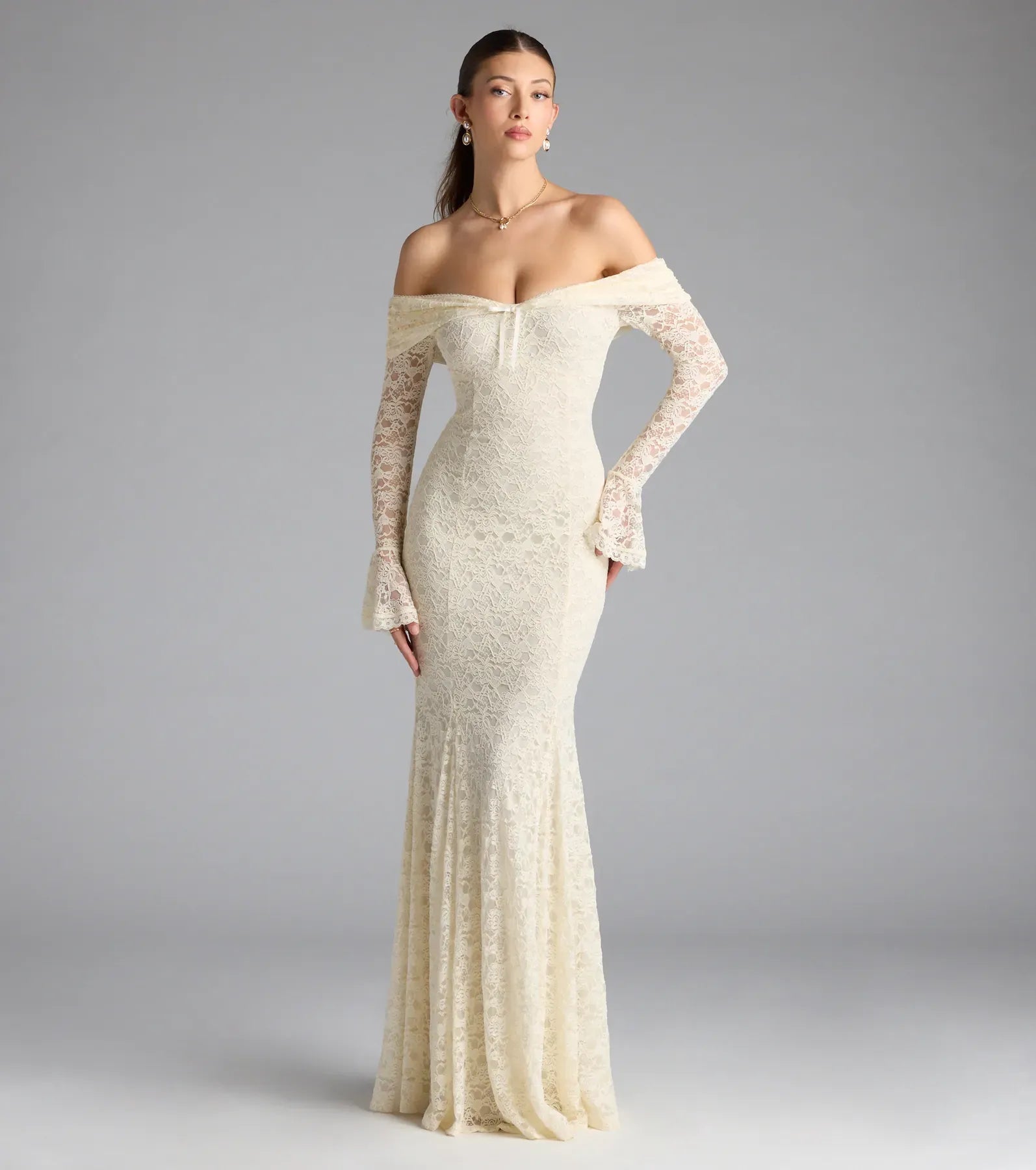 Romantic Cream Lace Mermaid Off Shoulder Flared Long Sleeve Floor Length Wedding Guest Dresses