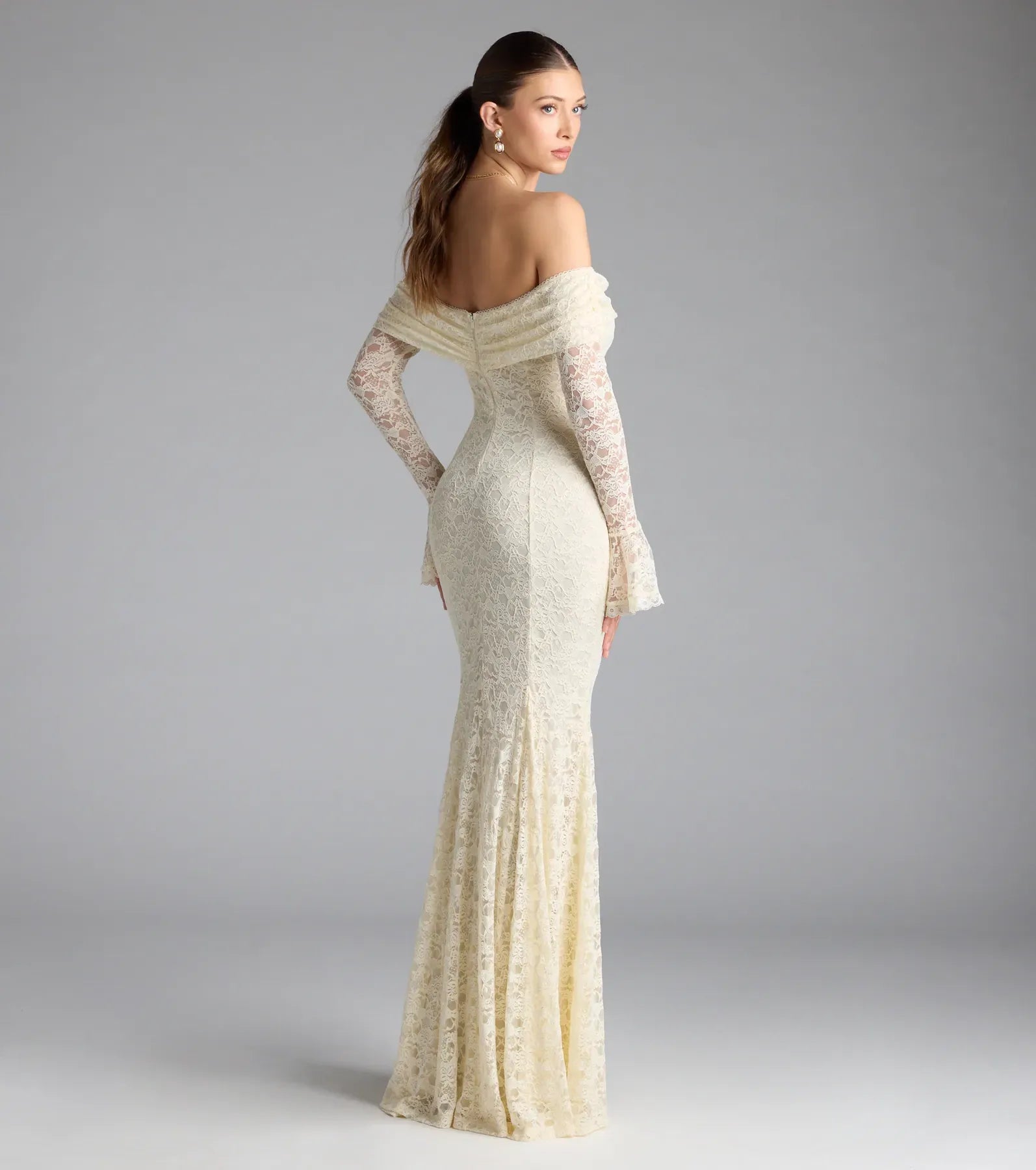 Romantic Cream Lace Mermaid Off Shoulder Flared Long Sleeve Floor Length Wedding Guest Dresses