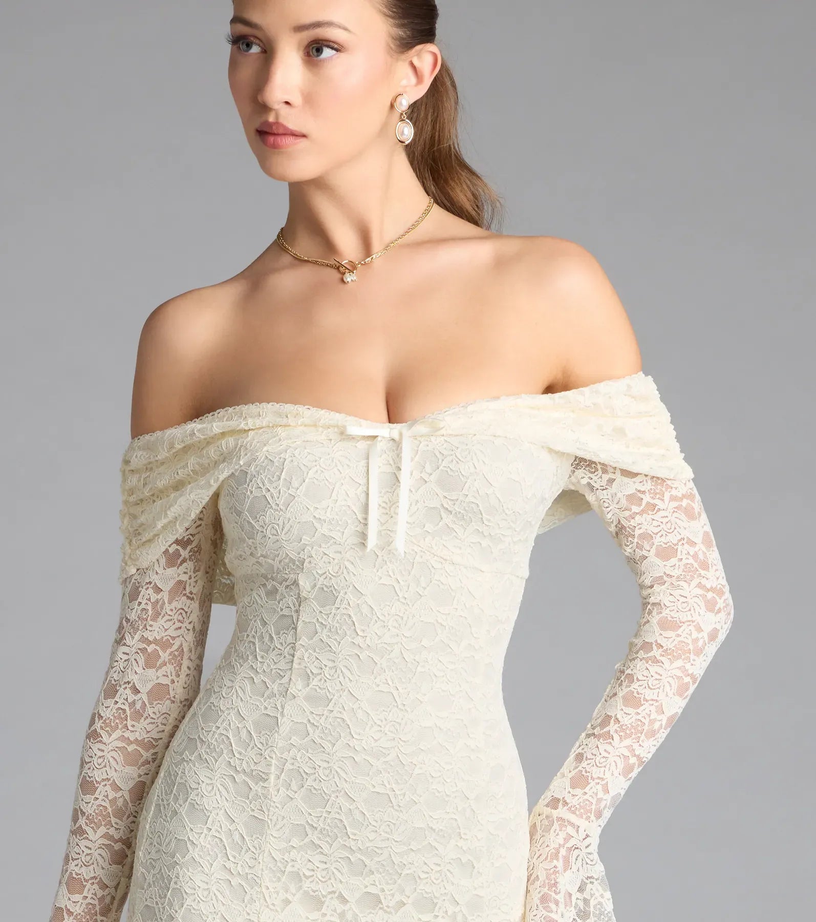 Romantic Cream Lace Mermaid Off Shoulder Flared Long Sleeve Floor Length Wedding Guest Dresses