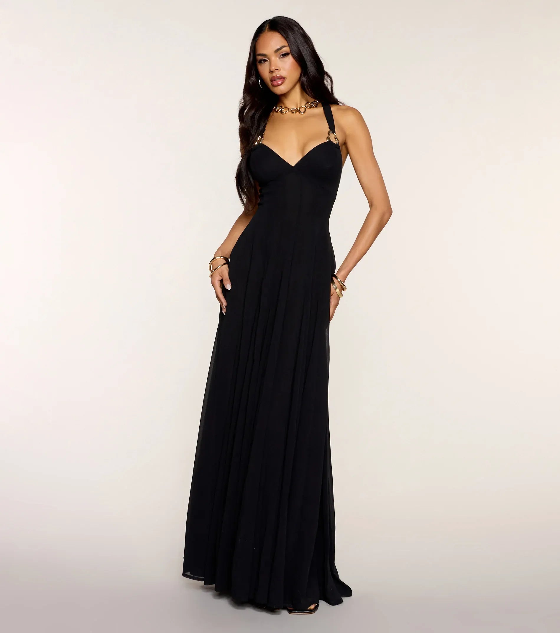 Chic Black Chiffon A‑Line Halter V‑Neck Lace‑Up‑Back Floor‑Length Wedding Guest Dresses