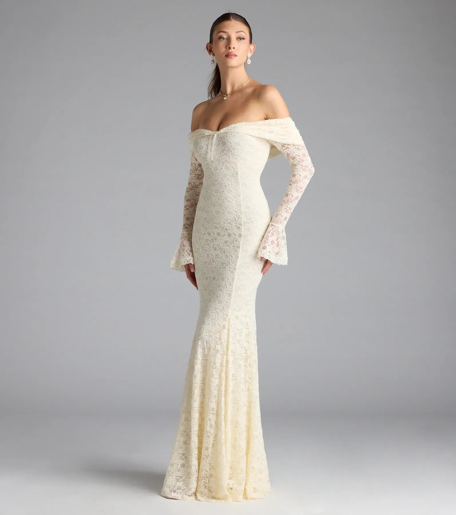 Romantic Cream Lace Mermaid Off Shoulder Flared Long Sleeve Floor Length Wedding Guest Dresses