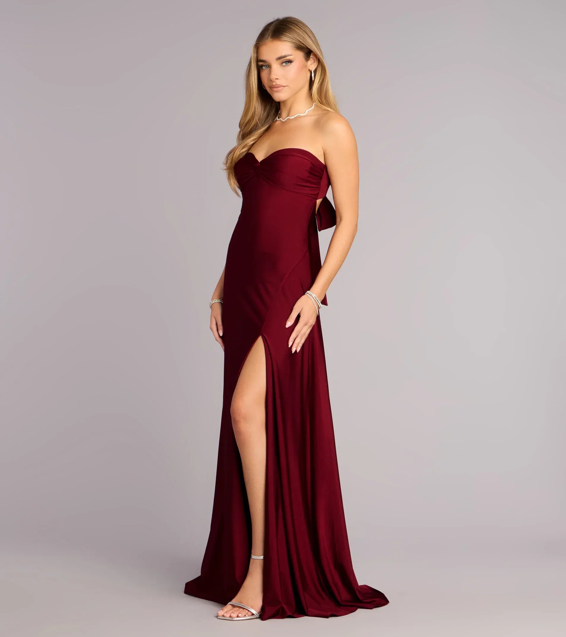 Burgundy Twist Strapless Back Bow High Slit Floor Length Maxi Dress